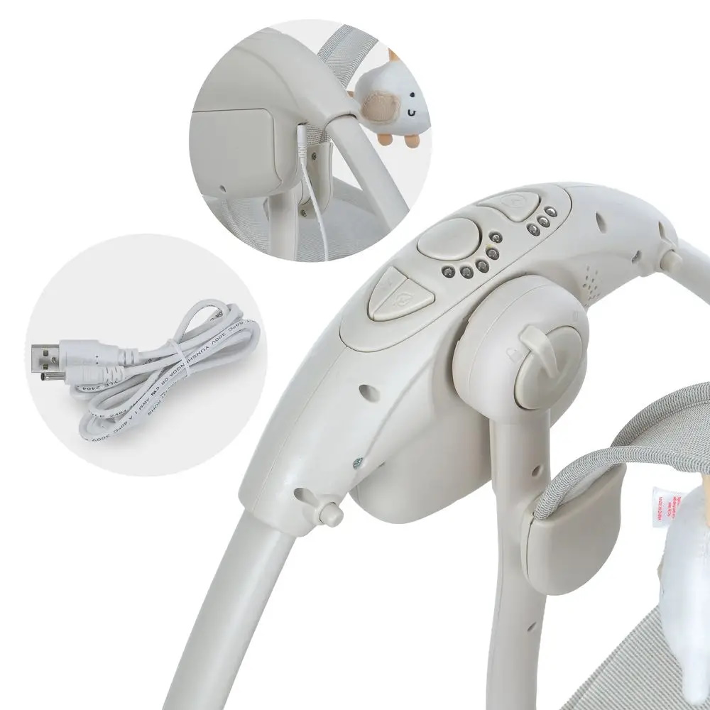 Заколисуючий центр-шезлонг таймер, 5 швидкостей, дуга з підвіс., рем.безп., 2полож.люльки, муз., від мережі/бат., білий (1шт)